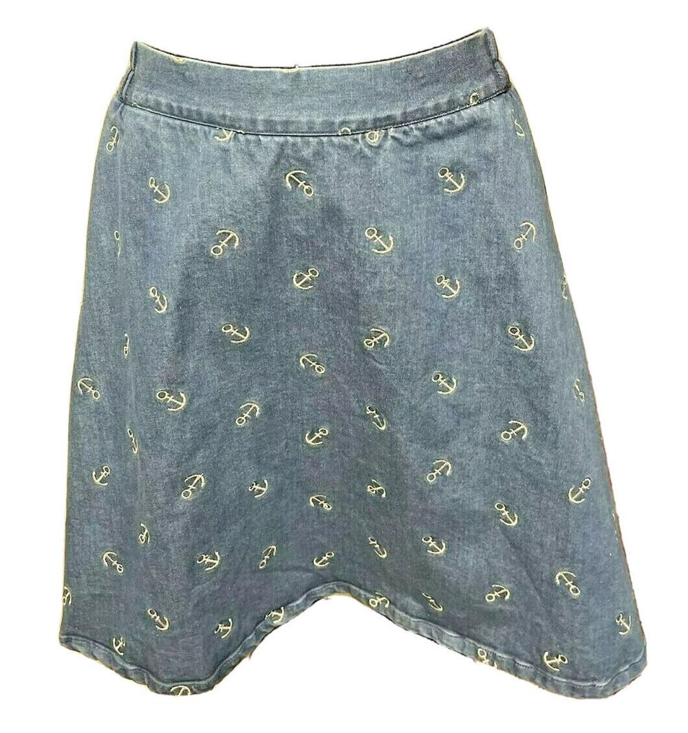 Small Miss Patina London Back Zip Anchor Pattern Denim Skirt A-Line Mini